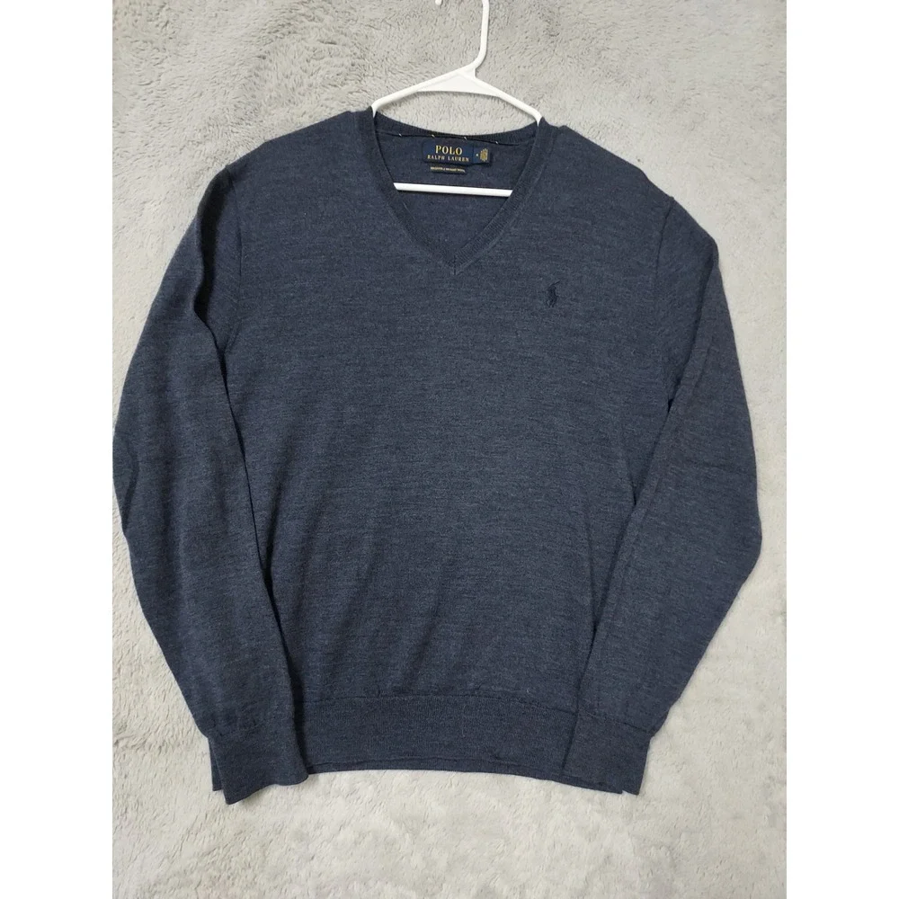 Polo Ralph Lauren Sweater Mens Medium Washable Merino Wool V Neck Blue Preppy